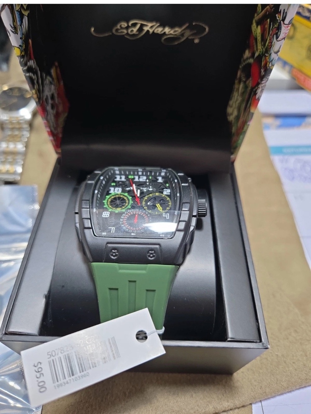 Ed Hardy Men’s Watch W/ Adjustable Green Band (New with Tag)